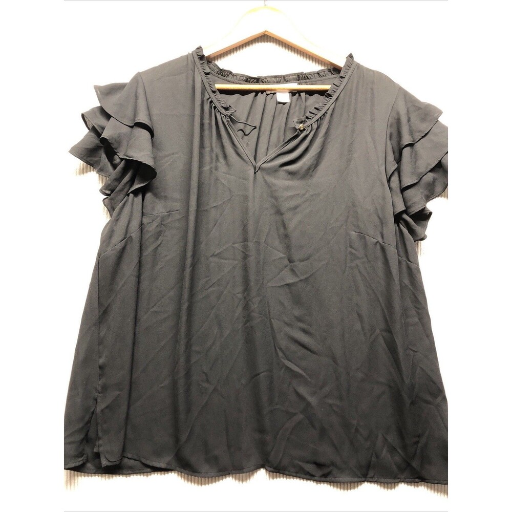 Liz Claiborne Womens Blouse 2X Black Ruffle Cap Sleeve Feminine Romantic NWD